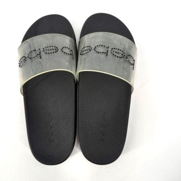 NWOT Bebe Dahlia Clear Size 9 Slides Sandals Black Spellout Large - Picture 3 of 9